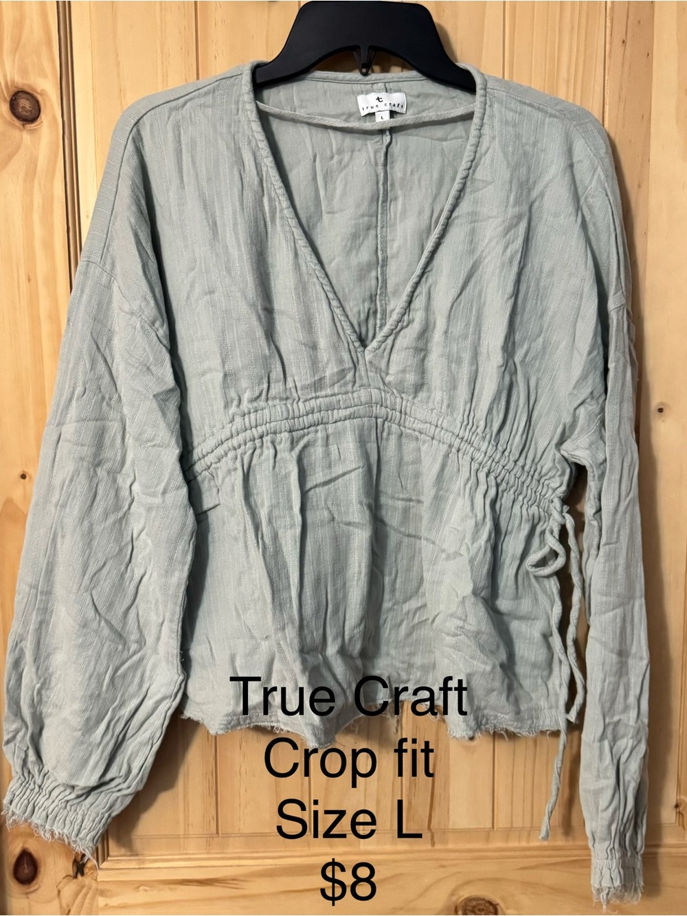 True Craft Sage Green V-Neck Cropped Long Sleeve Top